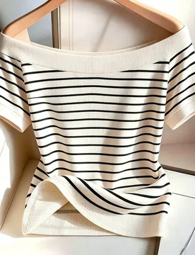 Camiseta elegante y de moda para mujer con hombros descubiertos, estampado de rayas, ajuste ceñido, versátil para uso diario, profesional, de negoci - Shein - FashionsVida