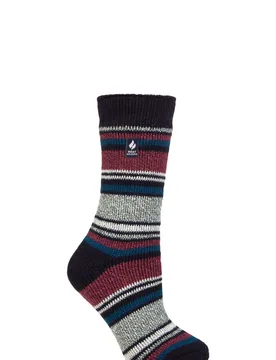 Women's 1 Pair SOCKSHOP 2.3 TOG Patterned Thermal Socks Geneva Multi Stripe Navy Cabernet 4-8 - Blue - Size: Small - Heat Holders - FashionsVida