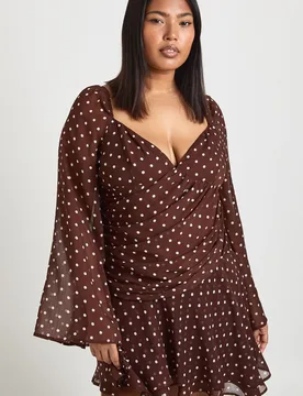 Womens Plus Polka Dot Chiffon Godet Skater - Chocolate - Size 18 Uk - Boohoo - FashionsVida