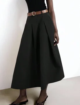 Nueva falda A-line de primavera/verano con bolsillos laterales plisados, cinturón de metal de piel de PU desmontable, elegante para la oficina S - Shein - FashionsVida