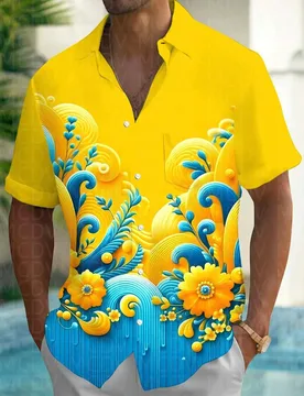 Yellow Flower Pattern Men's Hawaiian Shirt Stretch Easy Care Camp Shirt Big Tall - Aliexpress - FashionsVida