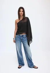 Asymmetrisches Drapiertes Top Schwarz XL