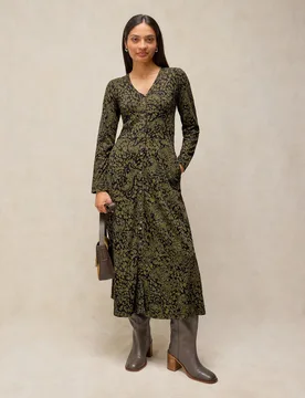 Reese Pure Cotton Button Through V Neck Midi Dress Green Mix female - White stuff - FashionsVida