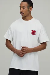 Mens Oversized Dragon Embroidered T-Shirt - White Cotton - Size Large