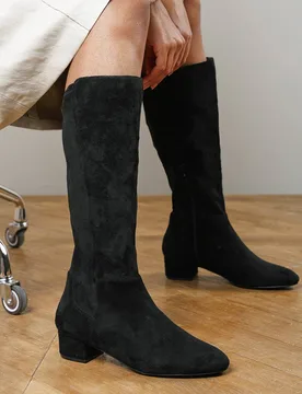 Women's Paislee Wide Fit Round Toe Block Heel Stretch Suede Boots in Black Size: 7-Wide Fit - Black - Size: 7-Wide Fit - Where's That From - FashionsVida