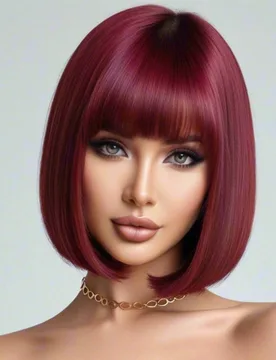 Peluca bob de 12 pulgadas de color rojo vino con flequillo, de alta densidad, versátil y esponjosa, adecuada para mujeres, cosplay y Halloween - Shein - FashionsVida