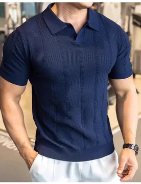 British Short-sleeved Pullover Lapel Men's Sweater, Retro Casual Solid Color Jacquard Textured Off-shoulder Sweater - Aliexpress - FashionsVida