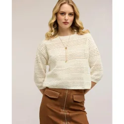 Jersey de mujer calado en mezcla de viscosa modelo corto con ajuste oversize y cuello redondo