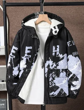 Chaqueta con capucha de tela tejida para niños preadolescentes con estampado de paisaje y letras, forrada con tela de felpa, adecuada para uso diario - Shein - FashionsVida