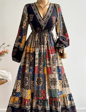 Vestido bohemio con patchwork floral, cuello en V y manga larga para mujer, adecuado para otoño y Halloween L - Shein - FashionsVida