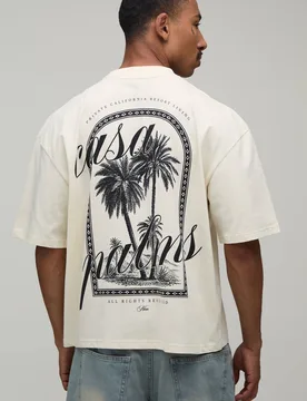Herren Ecru Übergroßes Kastenförmiges T-Shirt Mit Casa Palms Aufdruck Größe Large - boohooMAN - FashionsVida