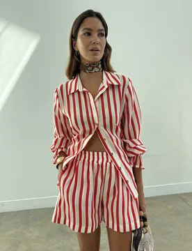 Striped Collared Tie Detail Shirt Red Mix female - Never Fully Dressed - FashionsVida
