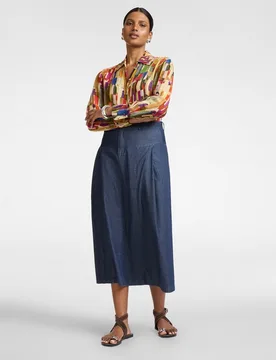 Falda longuette en chambray línea a línea en a con cierre de botón y cremallera - Elena Miró - FashionsVida