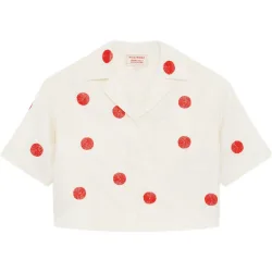 Camisa de mujer corta con lino y seda bordada con perlas