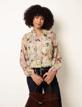 Watercolour Floral Printed Tie Front Blouse - L / GREEN - female - Blue Vanilla - FashionsVida
