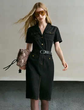 Vestido camisa de mezclilla para mujer con cuello de solapa, costuras en contraste, bolsillos con solapa y cinturón M - Shein - FashionsVida