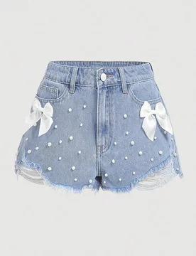 Shorts de mezclilla azul claro con lazo blanco, casuales, lindos y dulces para mujer, para vacaciones de verano S - Shein - FashionsVida