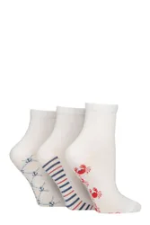 Women's 3 Pair Plain and Patterned Bamboo Ankle Socks Patterned Sole White / Nautical 4-8 - Multi Coloured - Size: Small