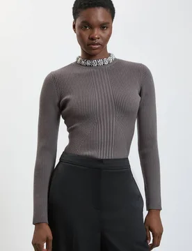 Women's Crystal Neck Trim Viscose Ribbed Jumper With Peplum Detail in Mushroom Size: XS - Mushroom - Size: XS - Karen millen - FashionsVida