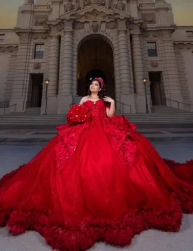 Red Quinceanera Dress off-shoulder Glitter Crystal Decal Lace Frill Long tail Bow vestidos de 15 Quinceanera ﻿Customize - Aliexpress - FashionsVida