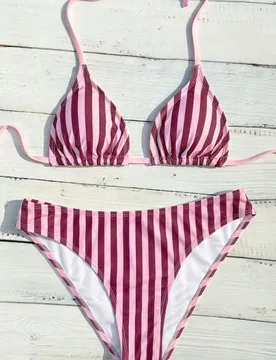 Conjunto de bikini de triángulo con cuello halter sexy a rayas y bloques de color nuevo para mujer en verano M - Shein - FashionsVida