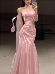 Pink toasting strapless fish-tail style banquet host long dress