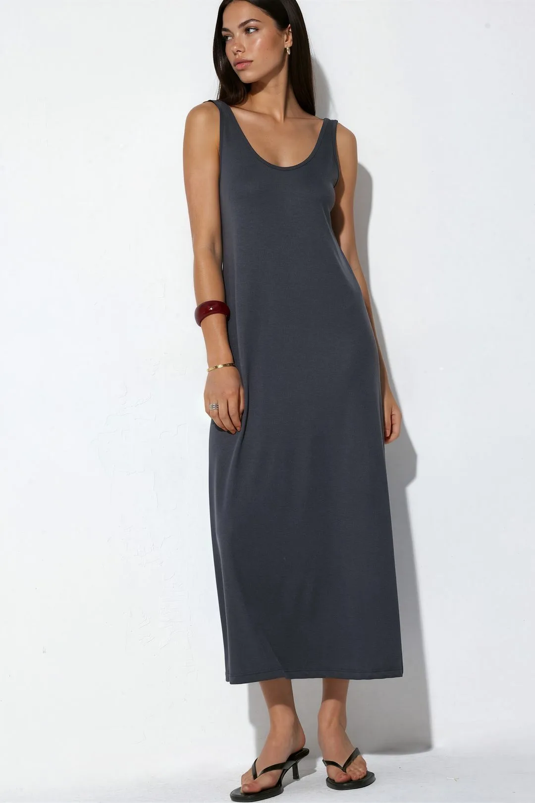 Womens Solid Maxi Jersey Dress - Black - Size Medium - Busem - FashionsVida