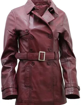 Women's Mid Length Leather Trench Coat -Oakham in Burgundy Size: 16 - Burgundy - Size: 16 - Infinity Leather - FashionsVida