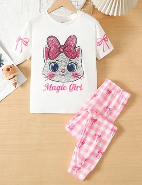 Conjunto de ropa de estar en casa para niña preadolescente, casual y sencillo, ajuste ceñido y cómodo, cuello redondo, manga corta y pantalones lar - Shein - FashionsVida