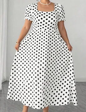 Vestido de manga corta con cuello de mariposa con lazo y estampado de lunares elegante y vintage para mujer de talla grande, primavera/verano 3XL - Shein - FashionsVida