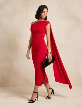 Vestido Midaxi Ajustado Rojo con Hombros Descubiertos, Cintura Fruncida, Hombros Plisados y Detalle de Pañuelo Drapeado, Vestido Largo Elegante, Vest - Shein - FashionsVida