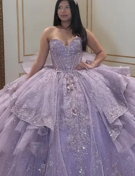 Lavender purple Quinceanera Dress off-shoulder Lace layering glitter flower decal tail vestidos de 15 Quinceanera ﻿Customize - Aliexpress - FashionsVida