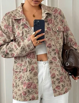 Chaqueta vaquera de manga larga con estampado floral integral, solapa, bolsillo, estilo punk, holgada, casual de calle, para otoño 0XL - Shein - FashionsVida