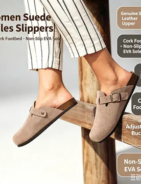 Women Suede Leather Mules Slippers Adjustable Buckle Cork Footbed Non‑Slip EVA Sole Closed Toe Slip‑On Flat Men Shoes - Aliexpress - FashionsVida