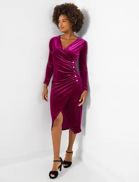 Women's V Neck Stretchy Velour Dress in Magenta Size: 12 - Magenta - Size: 12 - Joe browns - FashionsVida