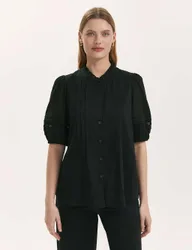 Pure Cotton Frill Neck Pleat Detail Blouse Black female