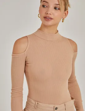 Womens Cold Shoulder Ribbed Bodysuit - Stone - Size 6 Uk - Pink Vanilla - FashionsVida