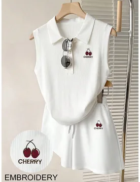 Conjunto de 2 piezas para mujer con camiseta sin mangas de cuello polo con estampado de letras y cerezas y pantalones cortos, casual y lindo, para vac - Shein - FashionsVida