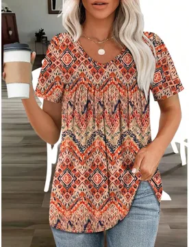 Camiseta casual de verano con cuello en V y manga corta con estampado para mujer de talla grande 4XL - Shein - FashionsVida
