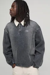 Herren Besticktes Gewaschenes Oversized Denim-Rugby-Shirt Washed Black Größe Medium