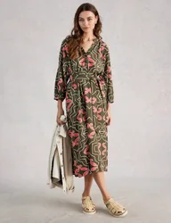 Linen Blend Printed Midi Tea Dress Green Mix female