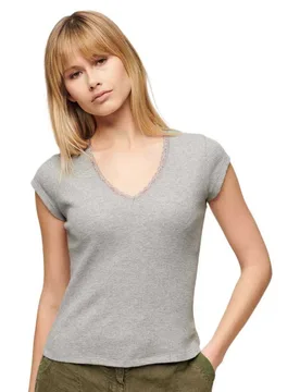 T-shirt à Manches Courtes Et Col En V Essential Lace Trim Grey Marl 2XS-XS - Superdry - FashionsVida