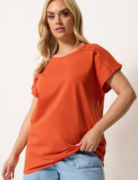 Women's Trim Detail T-Shirt in Orange Size: 34-36 - Orange - Size: 34-36 - Yours - FashionsVida