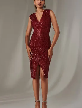 Women's Demi Sequin Wrap Slit Bodycon Dress in Dark Red Size: 12 - Dark Red - Size: 12 - Jolie Moi - FashionsVida