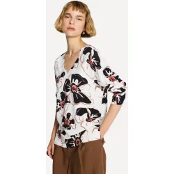 Pullover de mujer manga 3-4, escote V, aberturas laterales, estampado floral
