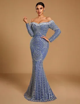 Vestido de Noche de Sirena con Hombros Descubiertos, Manga Larga, Perlas Ensartadas, Bordado de Lentejuelas y Strass con Diseño de Ala de Mariposa Ra - Shein - FashionsVida