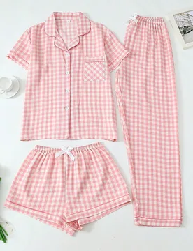 Conjunto de pijama de 3 piezas para mujer con top de manga corta con cuello y estampado a cuadros, y pantalones largos/cortos con lazo, cómodo para o - Shein - FashionsVida