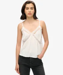 Superdry Damen Ibiza Trägertop mit Durchscheinender Spitze Weiß - Größe: 36