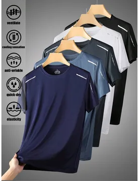 Camiseta de manga corta de verano de secado rápido y elástica para hombres, cuello redondo con estampado de letras, fitness, running, ciclismo, entr - Shein - FashionsVida