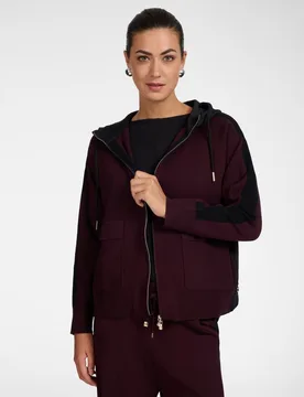 Chaqueta de mujer de punto con capucha cremallera y bandas en contraste ajuste regular largo medio - Elena Miró - FashionsVida
